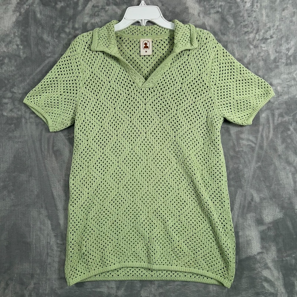 Dandy Del Mar The Antibes Crochet Polo Shirt Mens Medium Green Knit Diamond